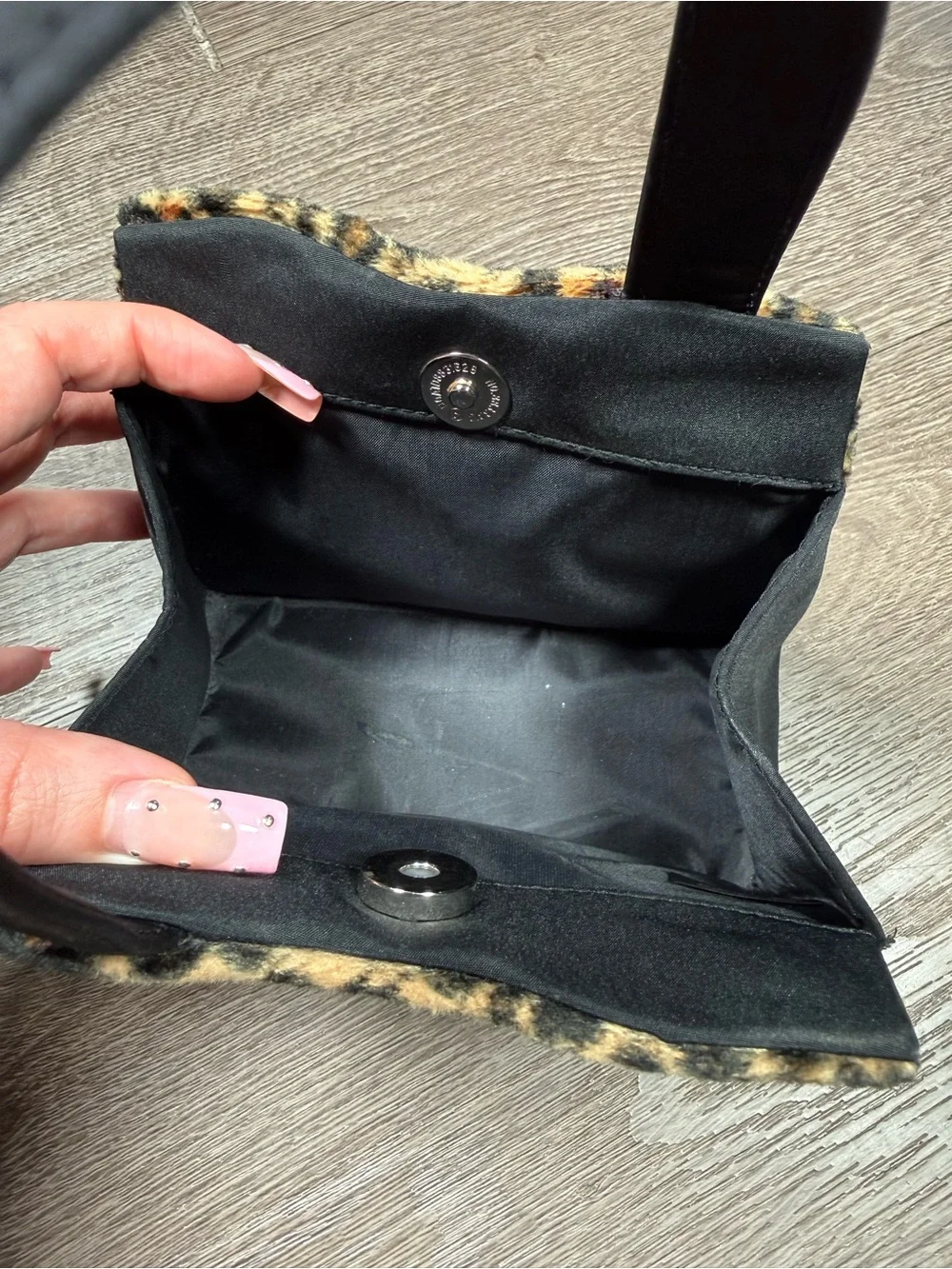 Leopard Print Fuzzy Faux Fur Mini Bag with Black Straps